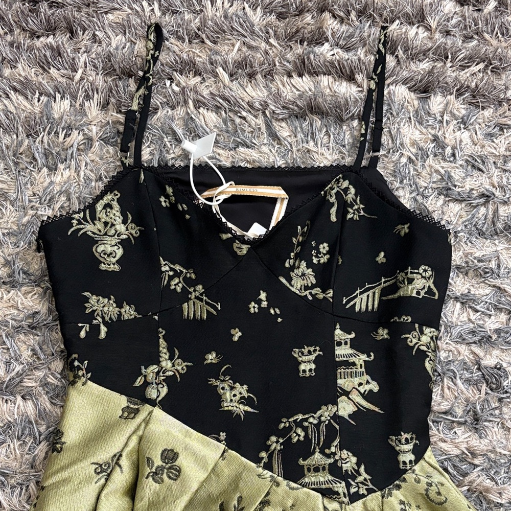 Rimless Black and Olive Floral Designer Dress, Size S - Picture 3 of 8